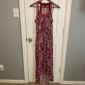Lucky Brand Womens Medium Maxi Dress Red Paisley Embroidered High Low Boho